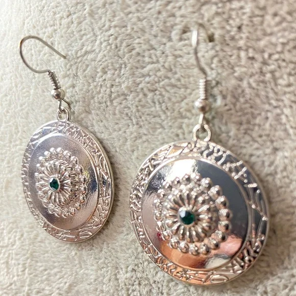 Silver Green Stone Fish Hook Earrings - Picture 4 of 6